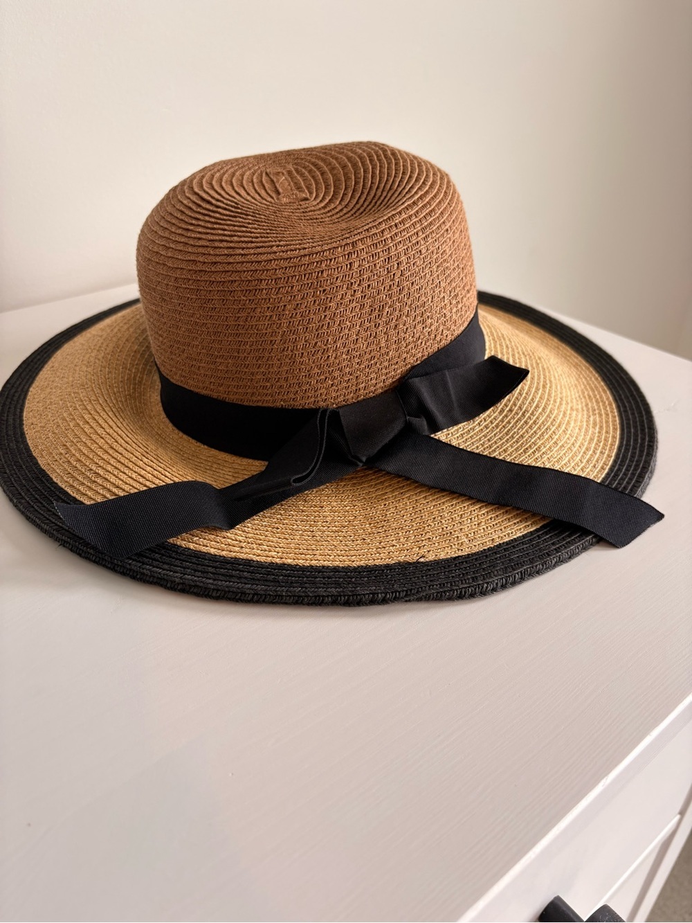 Two-Tone Brown and Black Straw Sun Hat with Ribbon